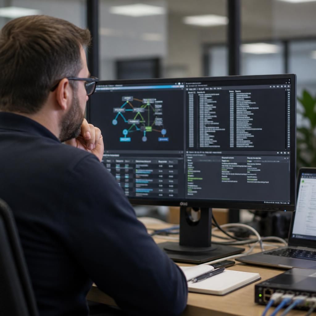 Technician reviewing network configuration and test results on a computer monitor