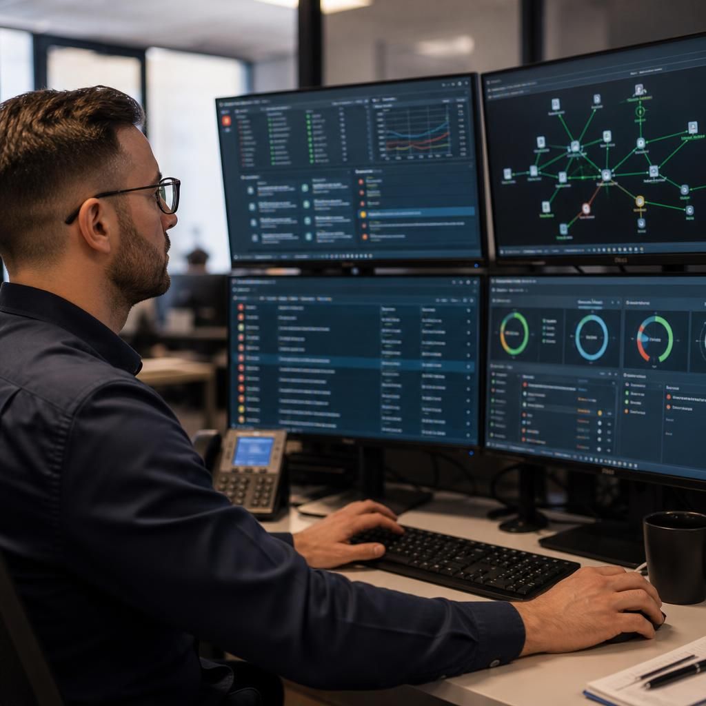 Network engineer reviewing network alerts and device status on a monitoring dashboard