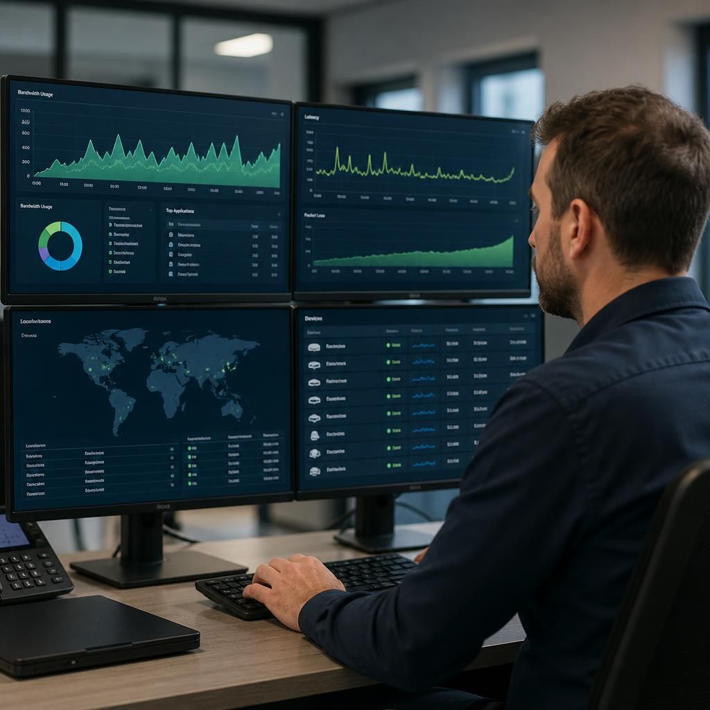 Network monitoring dashboard showing bandwidth usage, latency trends and connected devices