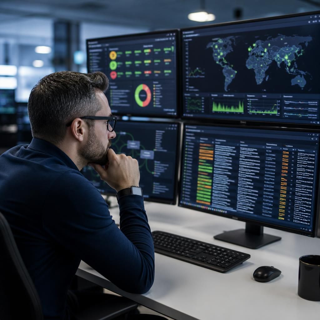 Network monitoring dashboard showing device status, traffic patterns and alert activity
