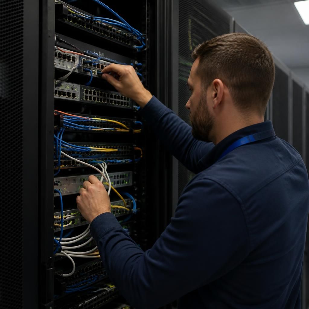 Network equipment racks connecting offices, cloud systems and workplace devices