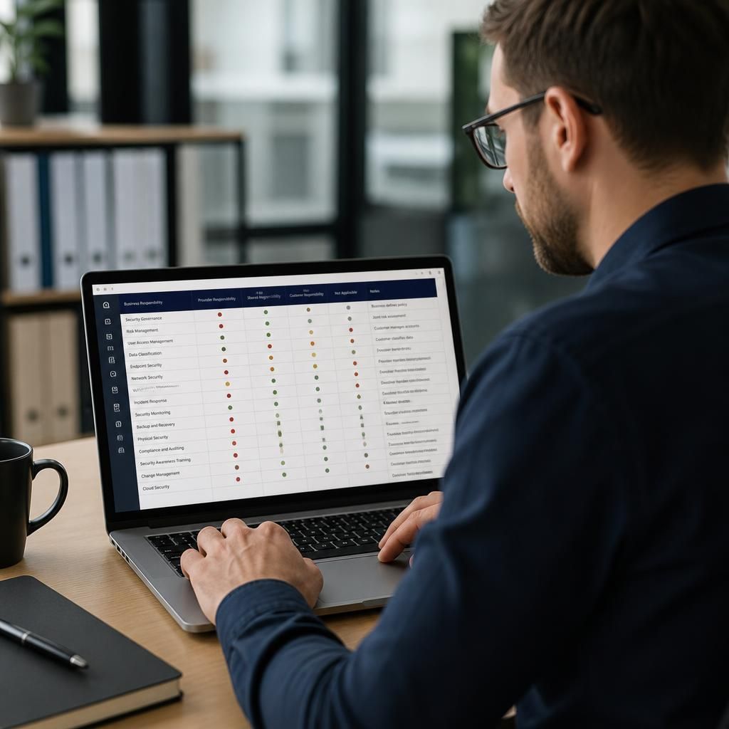 Person reviewing a network security responsibility matrix on a laptop