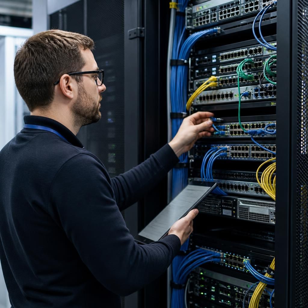 IT specialist reviewing network equipment and cabling in a server room