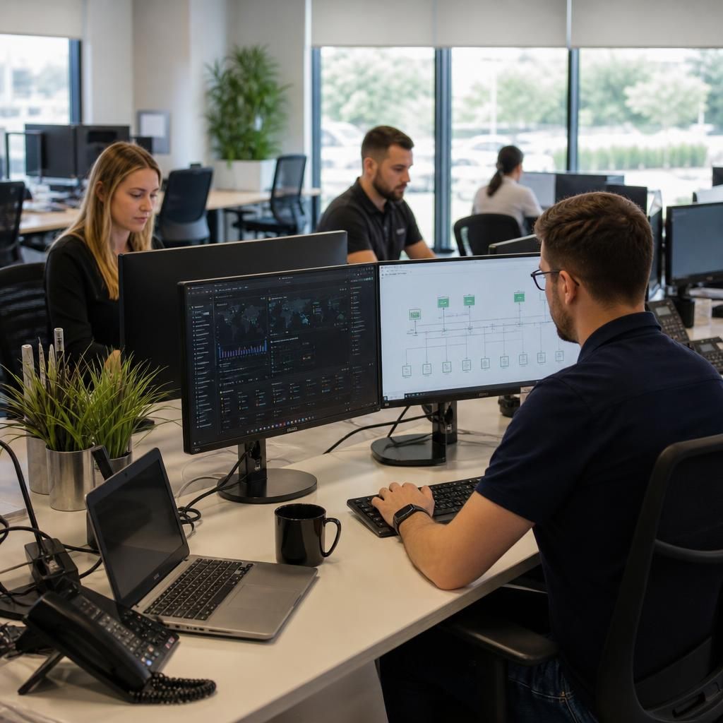 Professional services team working in a connected office environment