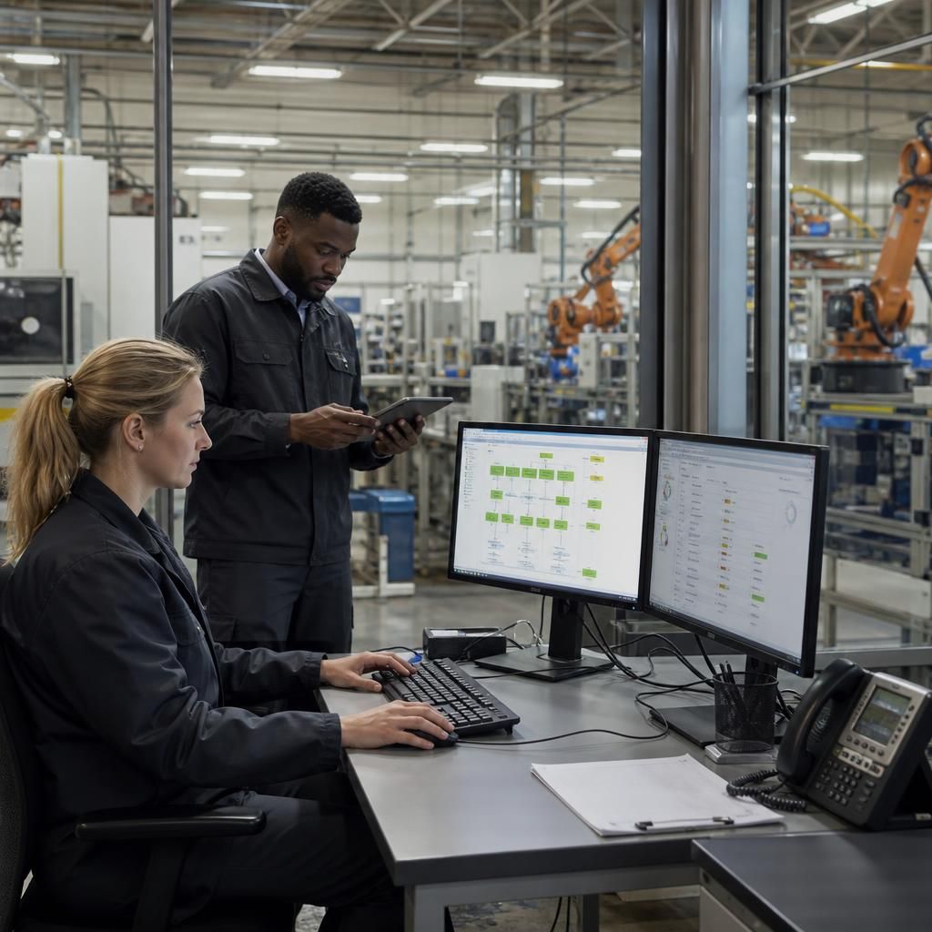 Manufacturing staff working near connected production and office systems