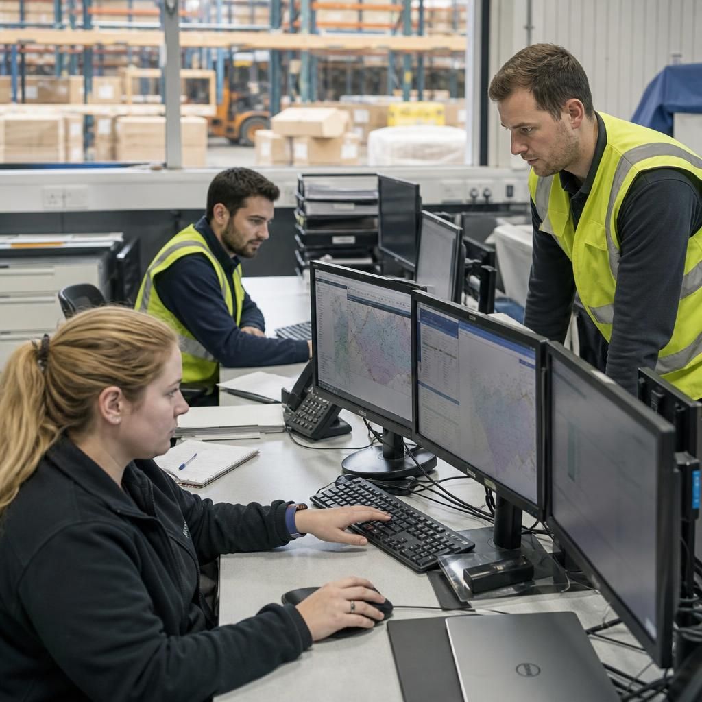 Logistics team coordinating operations using connected computers
