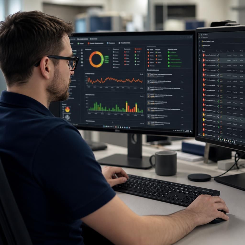 Remote monitoring dashboard showing system alerts, event details and device status
