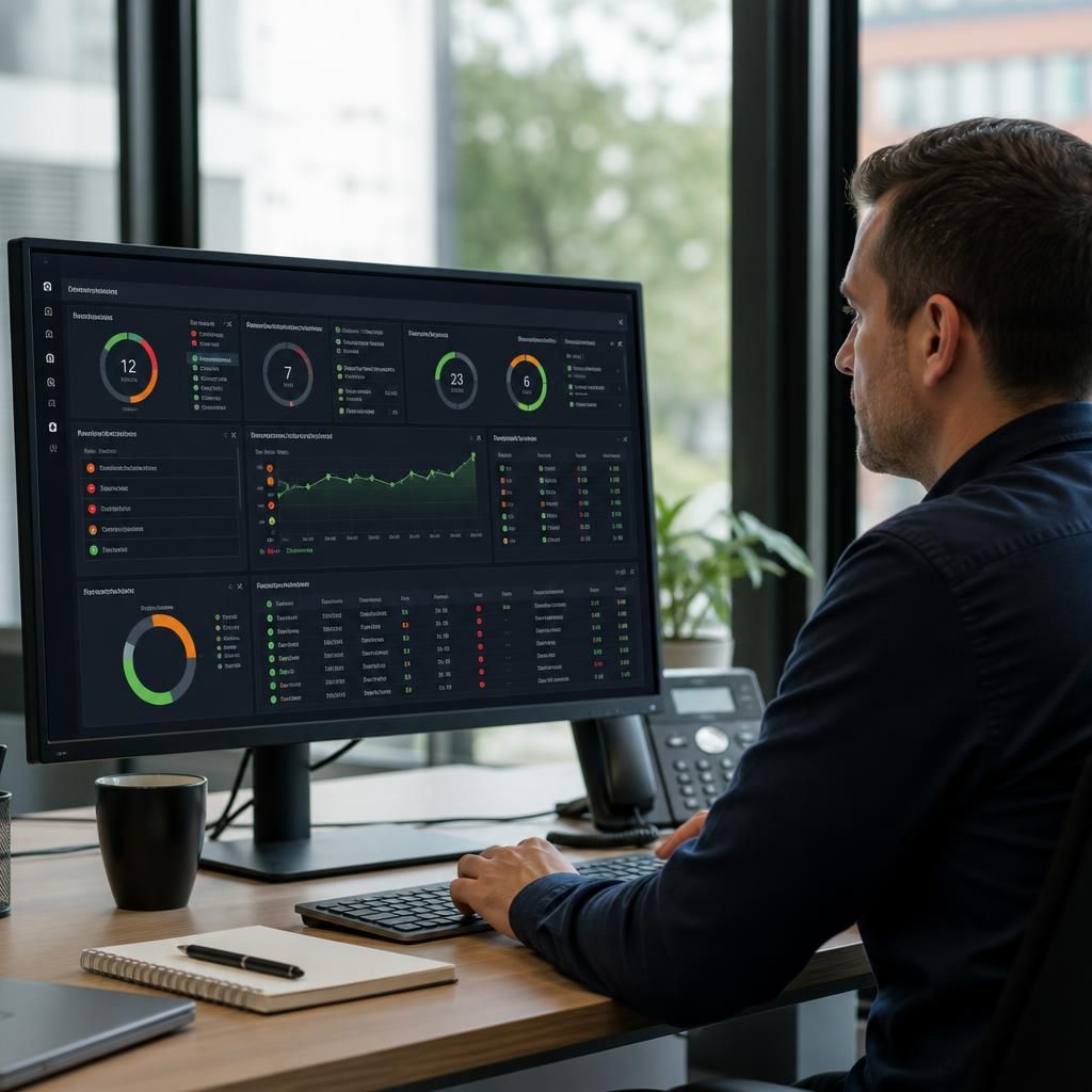 Remote monitoring dashboard showing system health, alerts and maintenance records