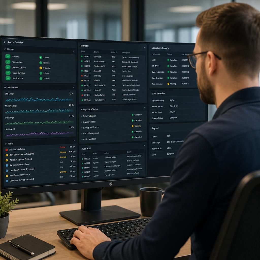 Remote monitoring dashboard showing system status, event logs and compliance records