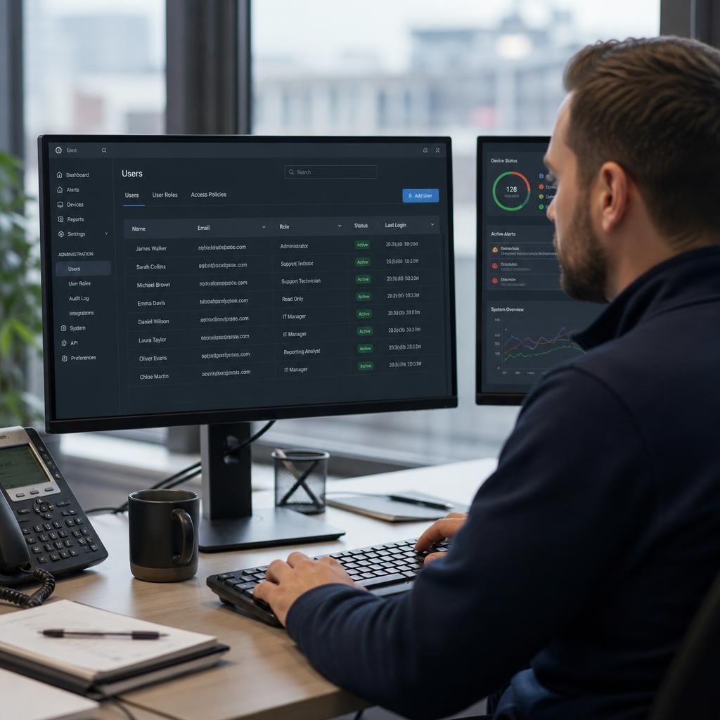 IT administrator reviewing user permissions on a remote monitoring dashboard