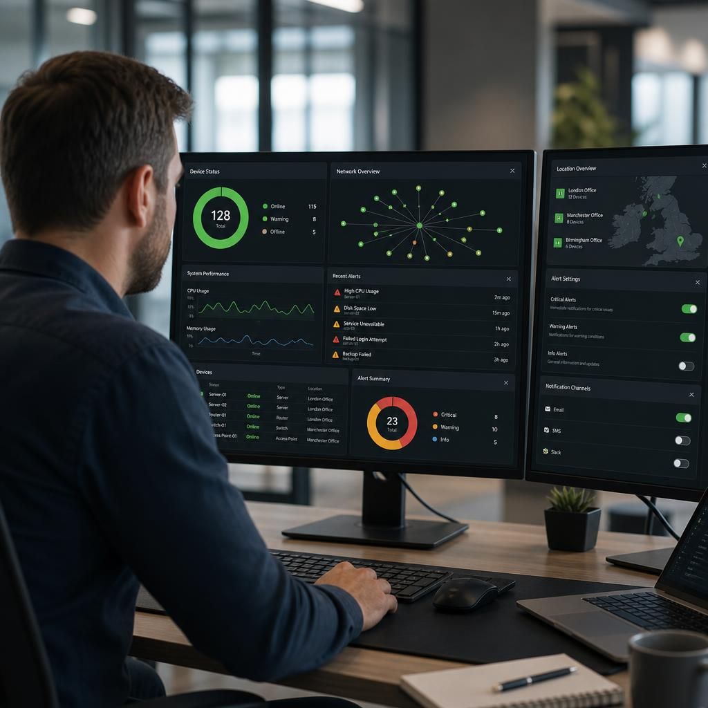 IT monitoring dashboard showing device status, network connections and alert settings