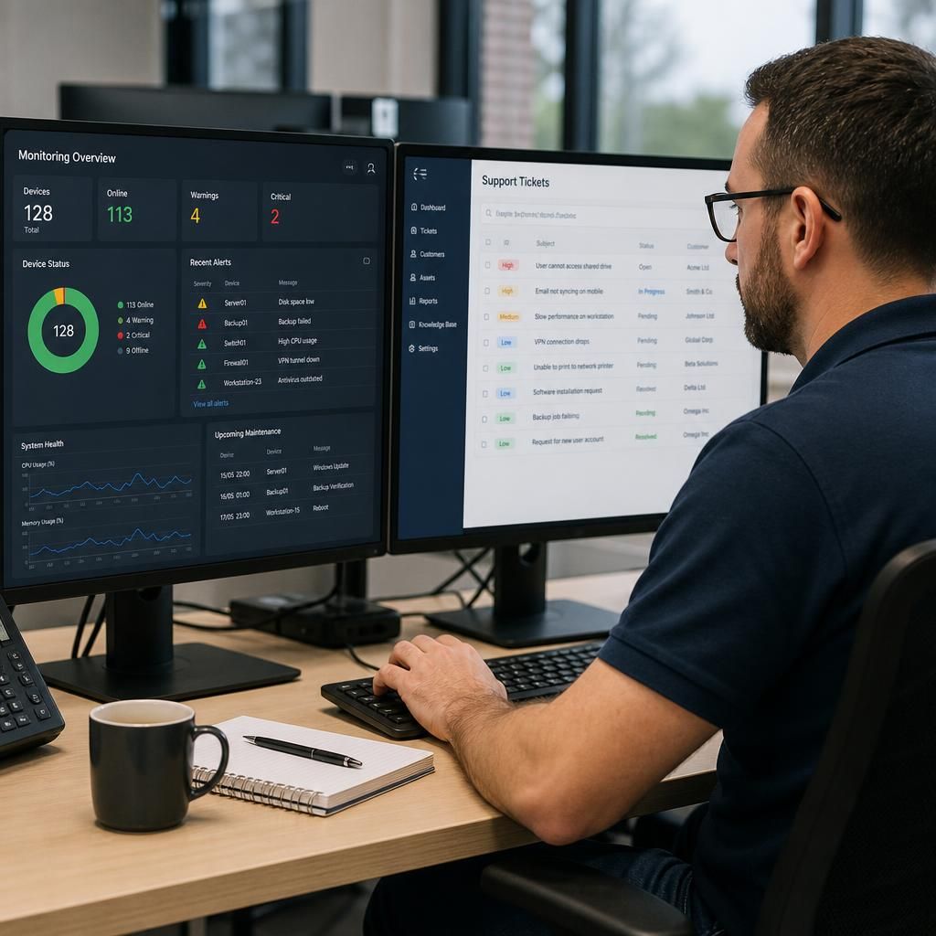 IT monitoring dashboard displaying device alerts and support ticket details
