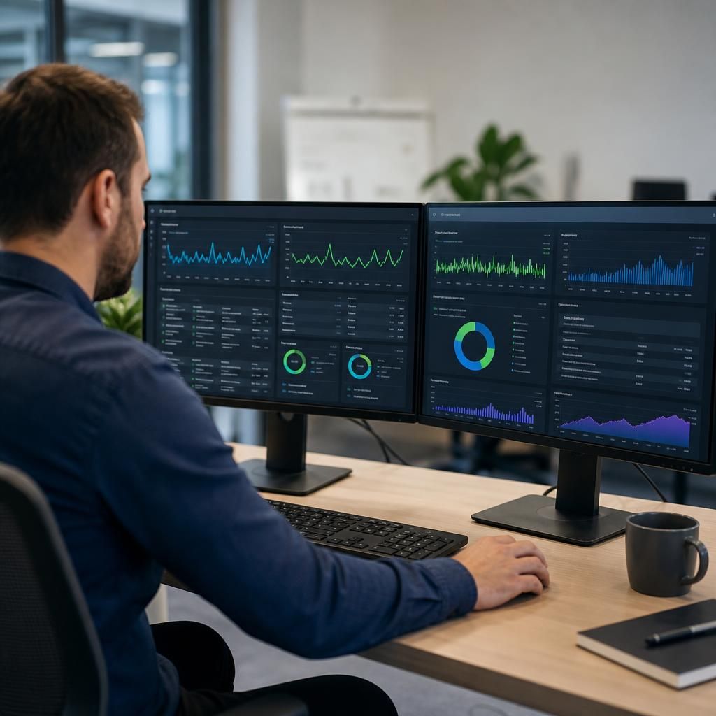 Remote monitoring dashboard displaying server usage, storage levels and network demand graphs