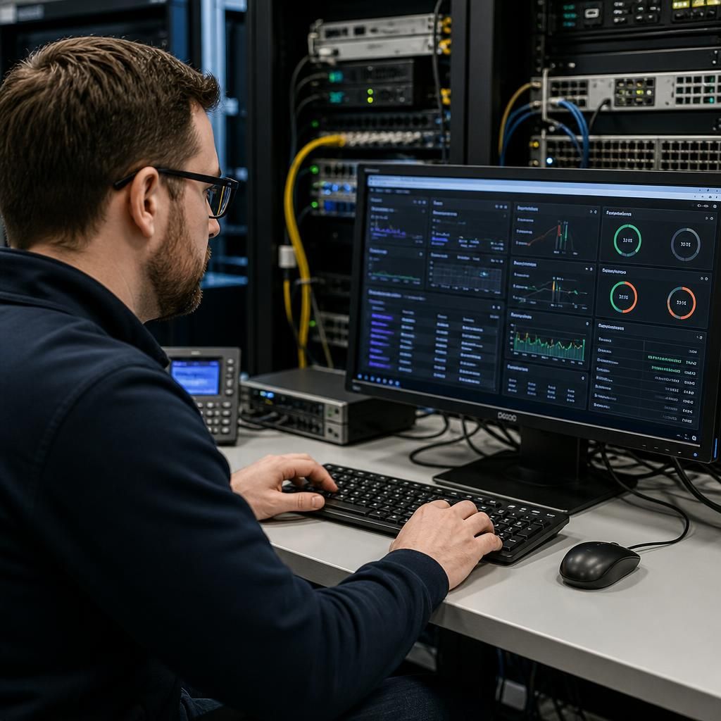 IT technician configuring monitoring software on a business server dashboard