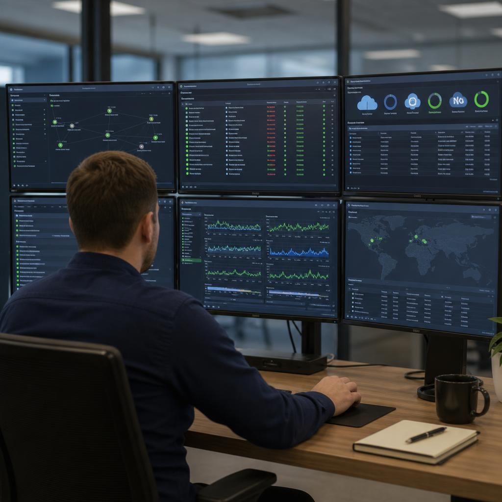 IT monitoring dashboard showing servers, network devices and cloud services