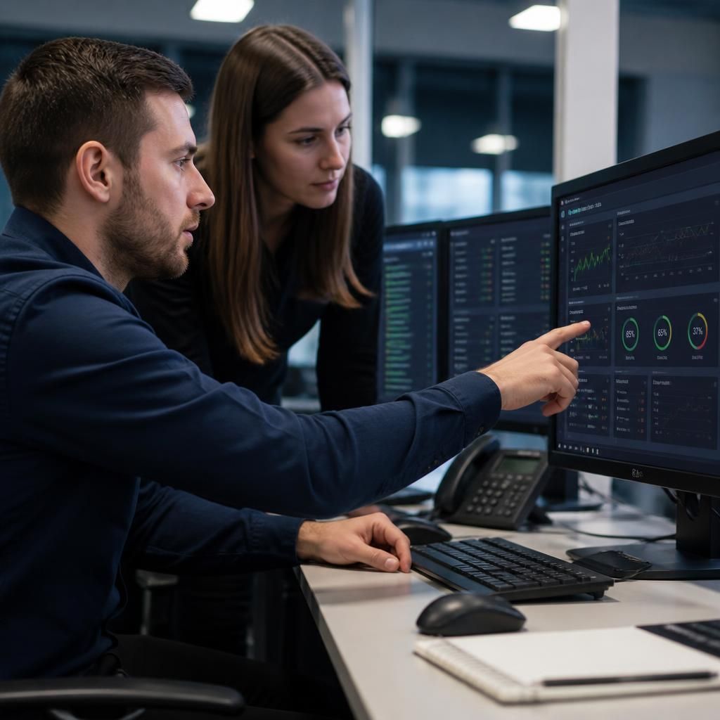 IT specialist reviewing system data on a computer with a colleague