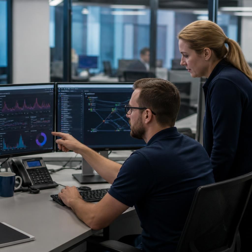 Professional services team working with monitored business systems