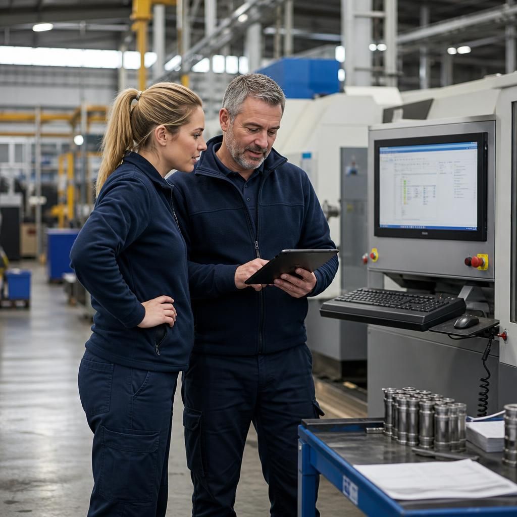 Manufacturing staff reviewing production and office technology