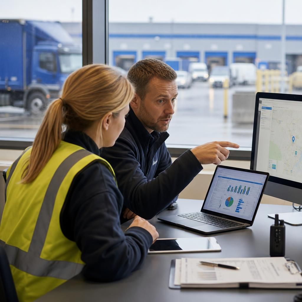 Logistics team coordinating operations using connected devices