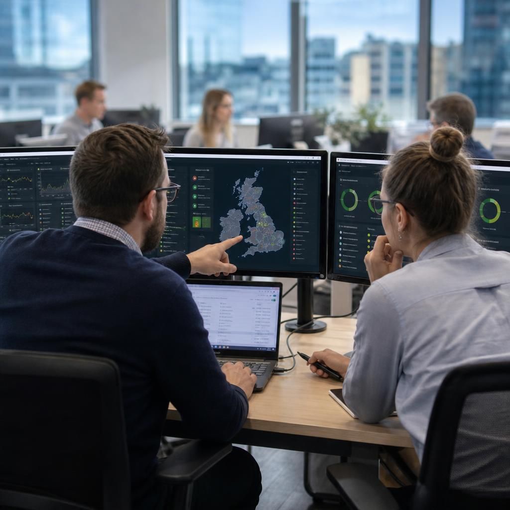 Business team working across multiple connected locations