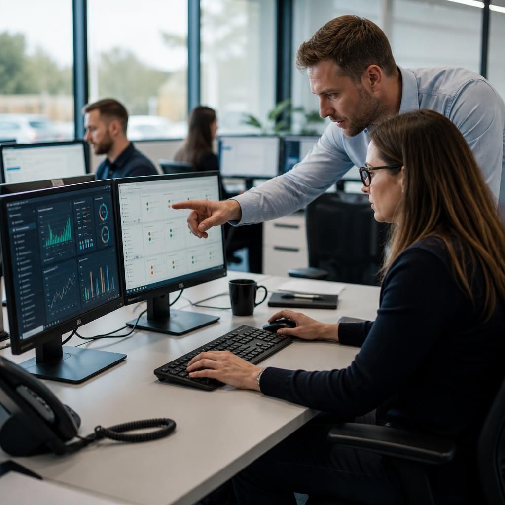 Growing business team using computers and shared technology
