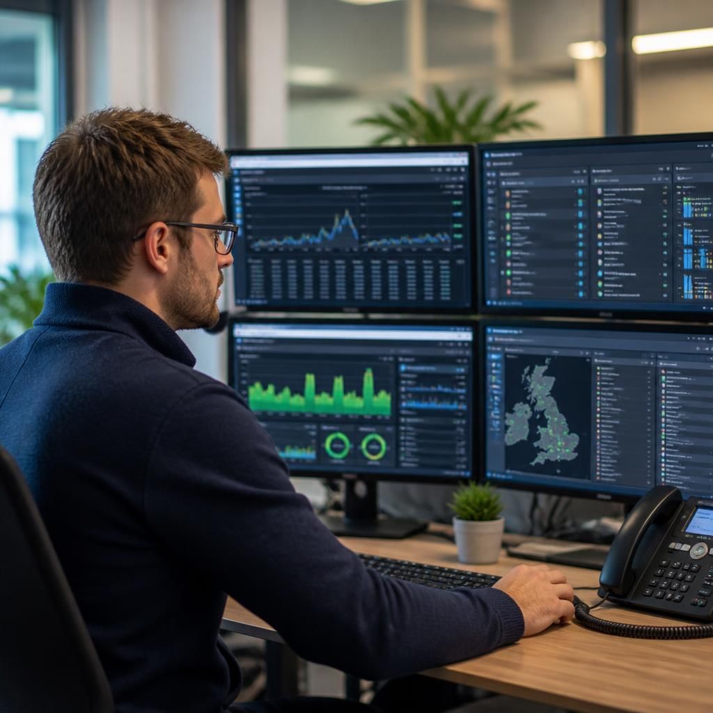 IT professional reviewing monitored infrastructure for a business