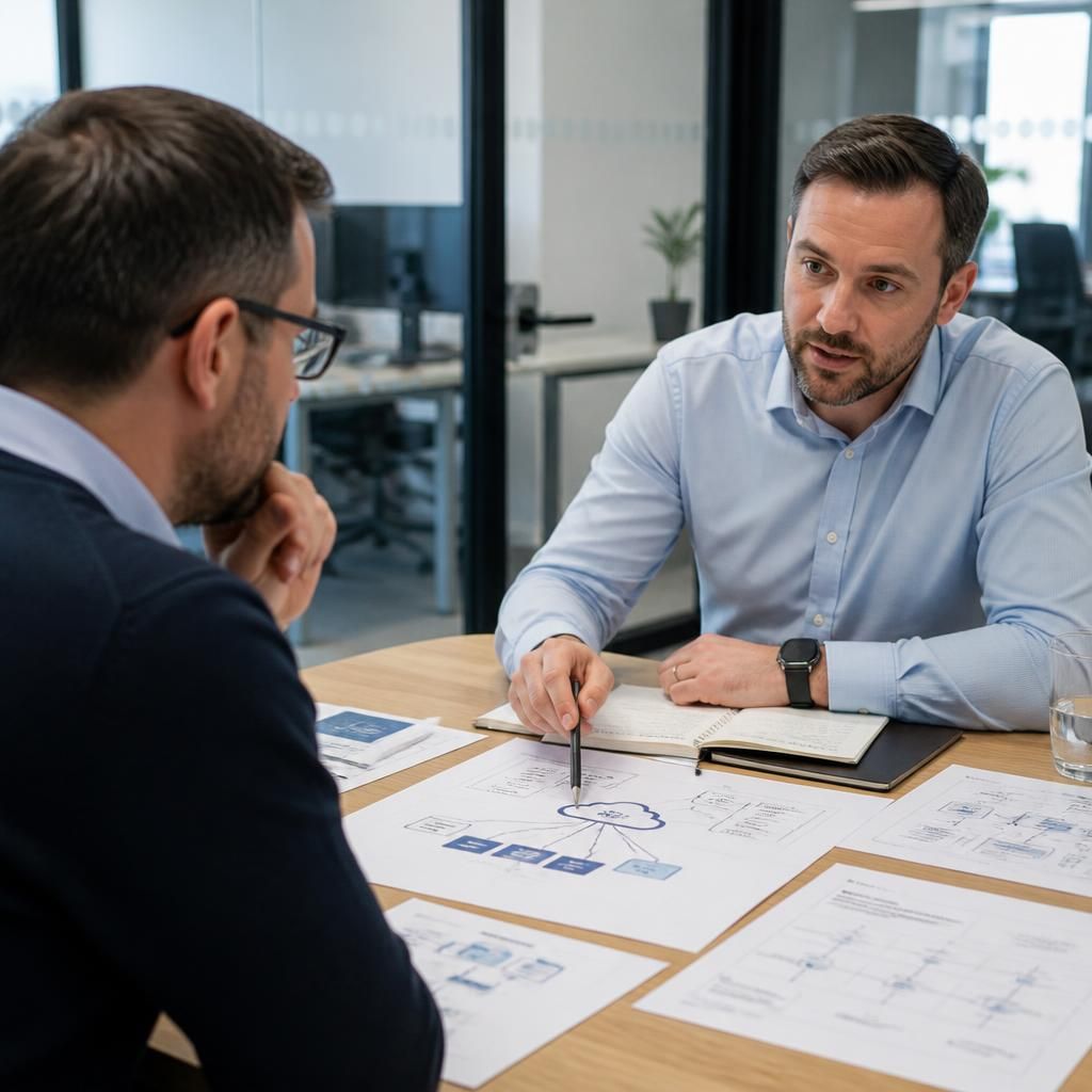 IT consultant reviewing a managed services proposal with business documents and network diagrams