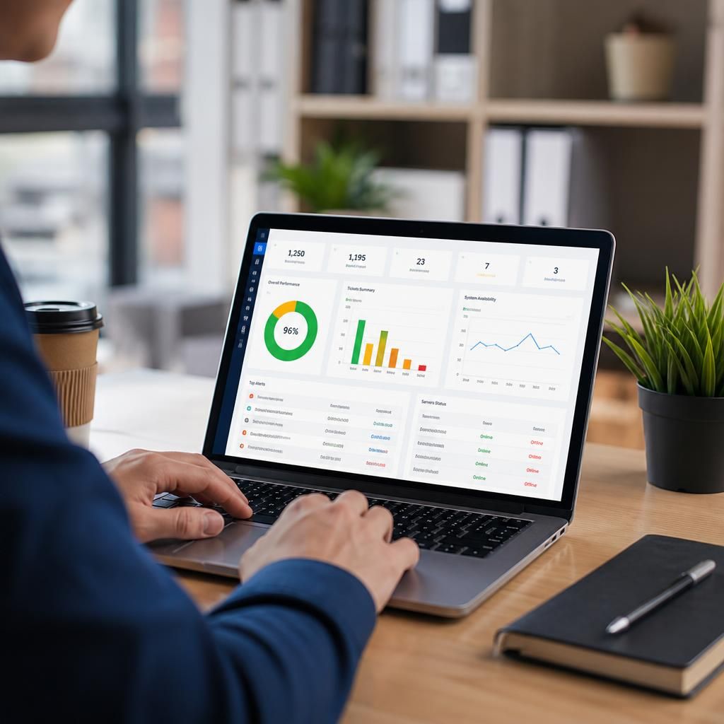Laptop displaying a managed IT services performance and security report