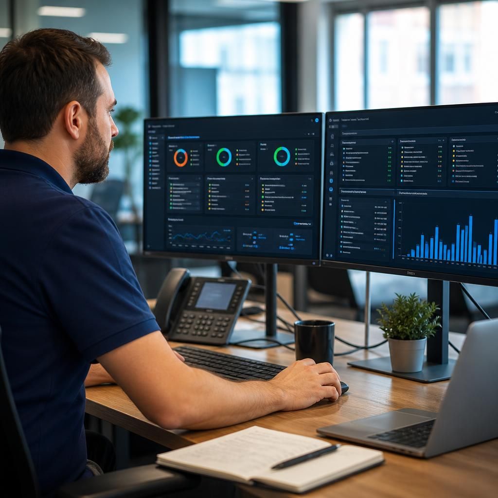 IT professional reviewing managed service dashboards on a computer screen