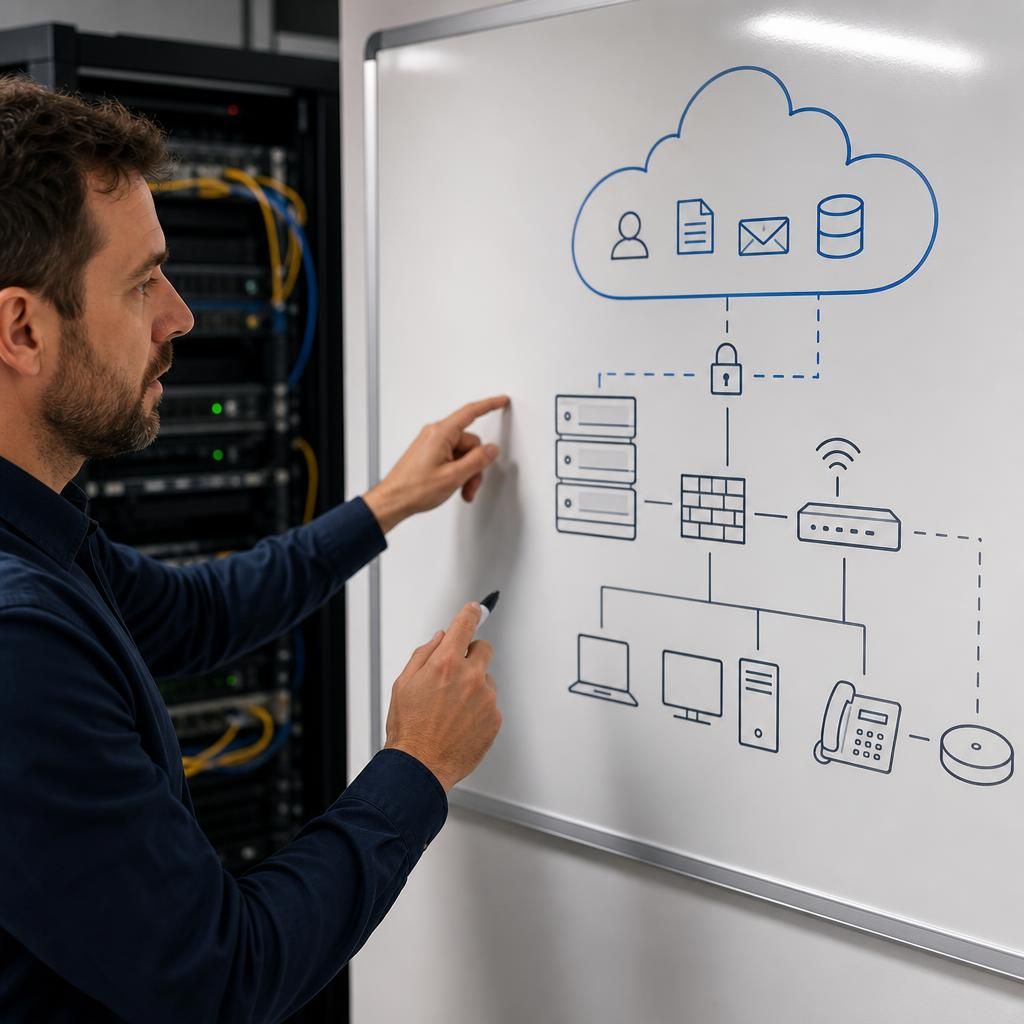 Diagram showing cloud services connected to on-premises servers and office devices