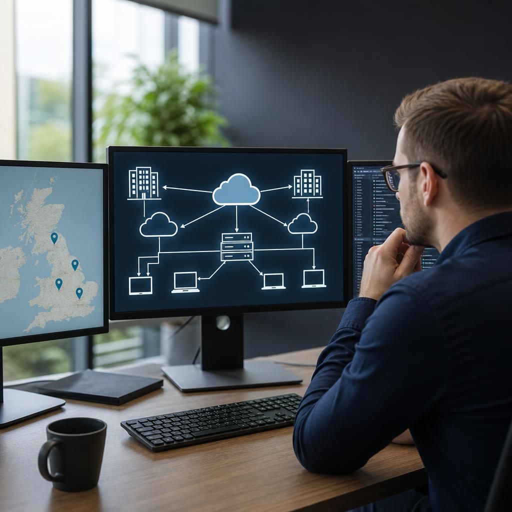 Network diagram linking business locations, cloud services and shared systems