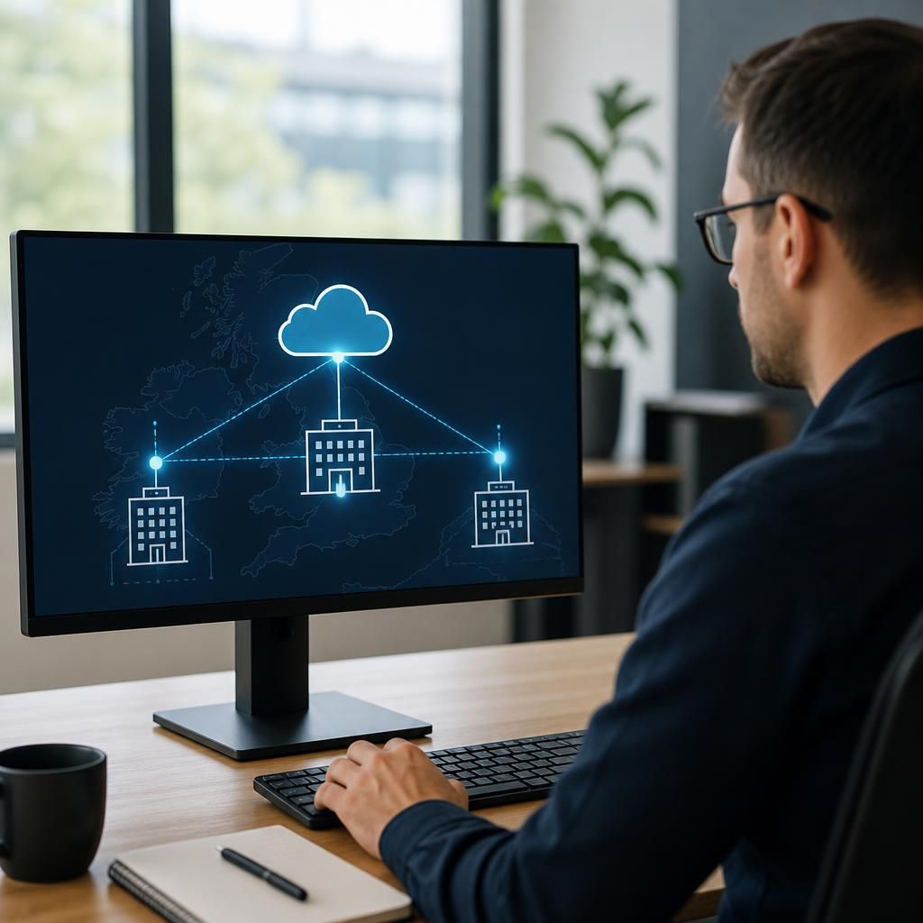 Network diagram linking a head office, branch offices and cloud services