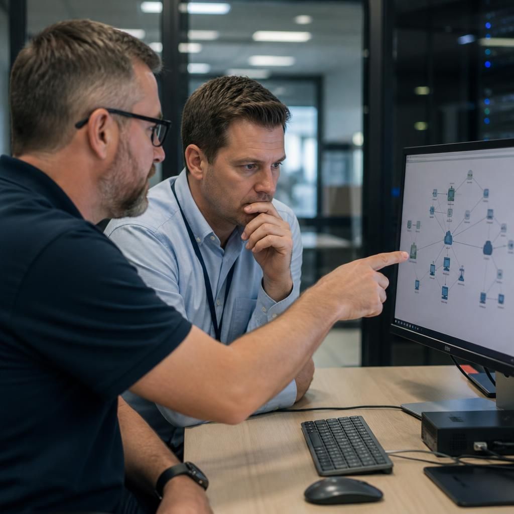 Internal IT manager and external support specialist reviewing a network diagram on screen