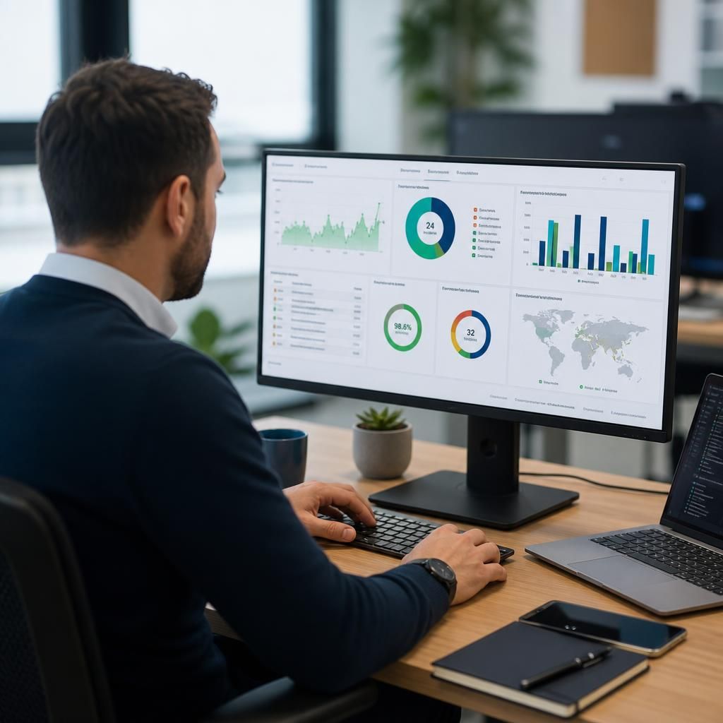 IT service performance dashboard showing uptime, incidents and security metrics