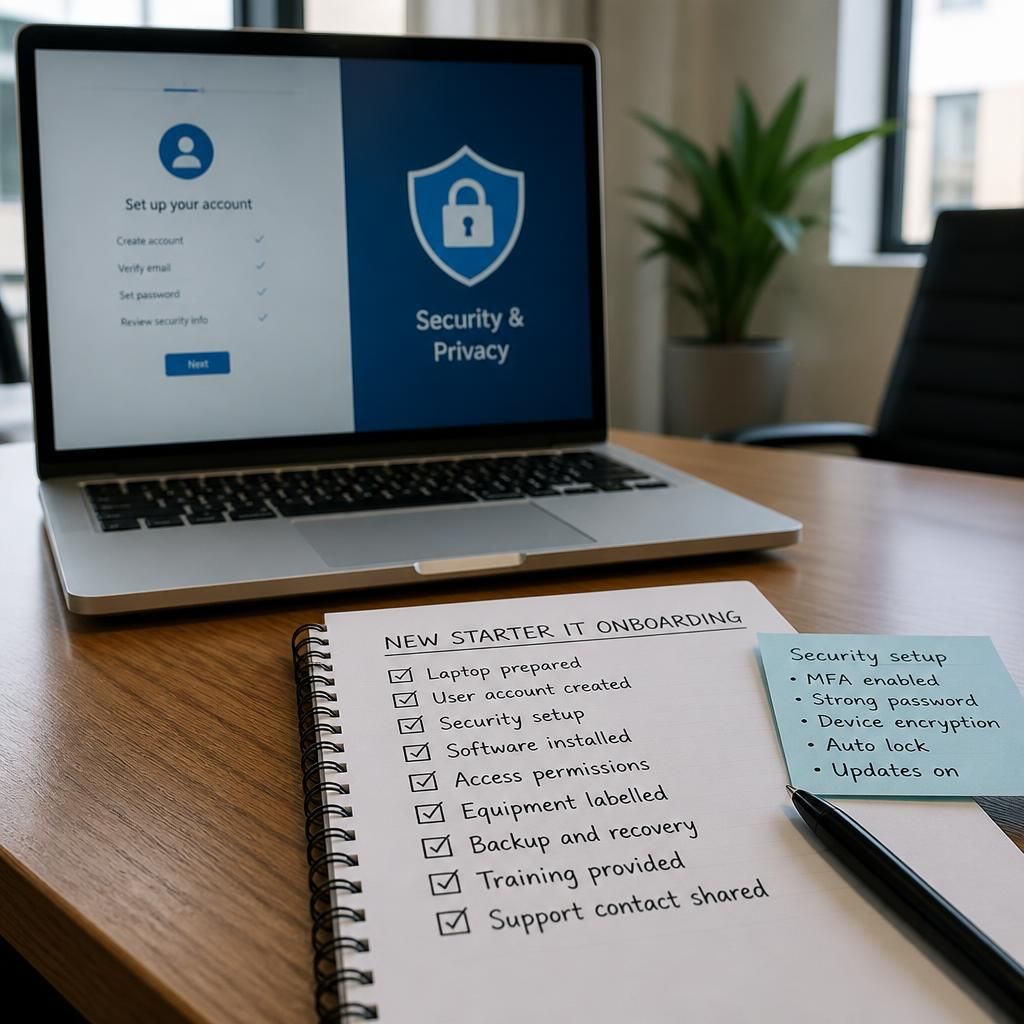 Laptop beside a new starter IT onboarding checklist and security setup notes