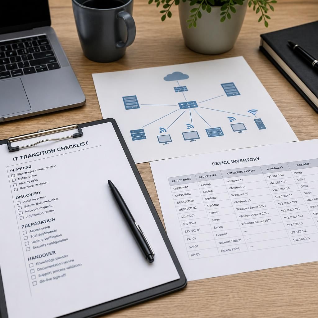 IT transition checklist, network diagram and device inventory on a desk