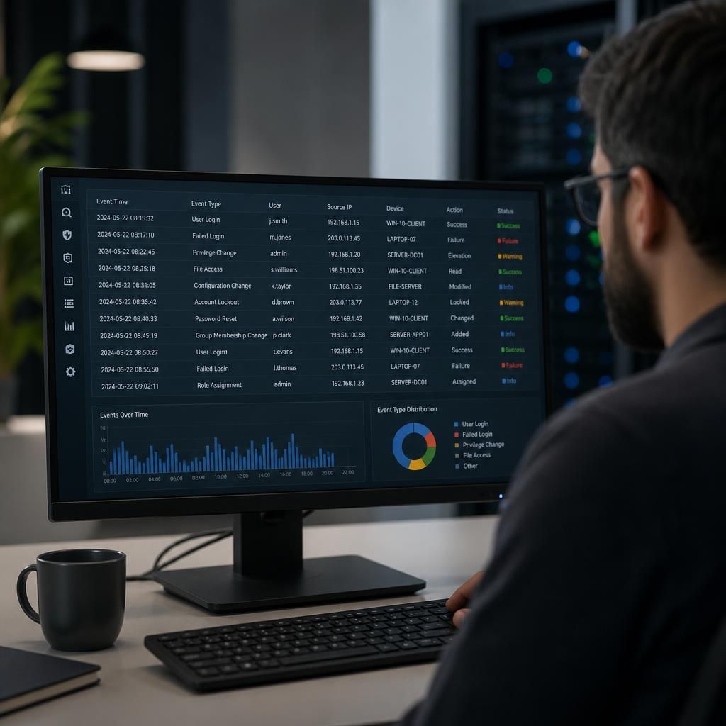 Computer monitor displaying security event logs and access records