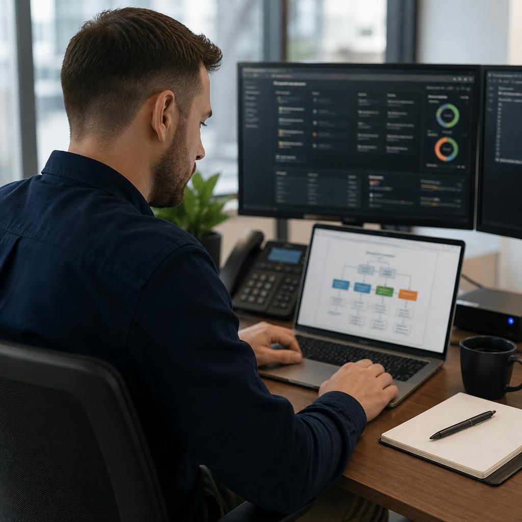 IT administrator reviewing a business continuity plan on a laptop