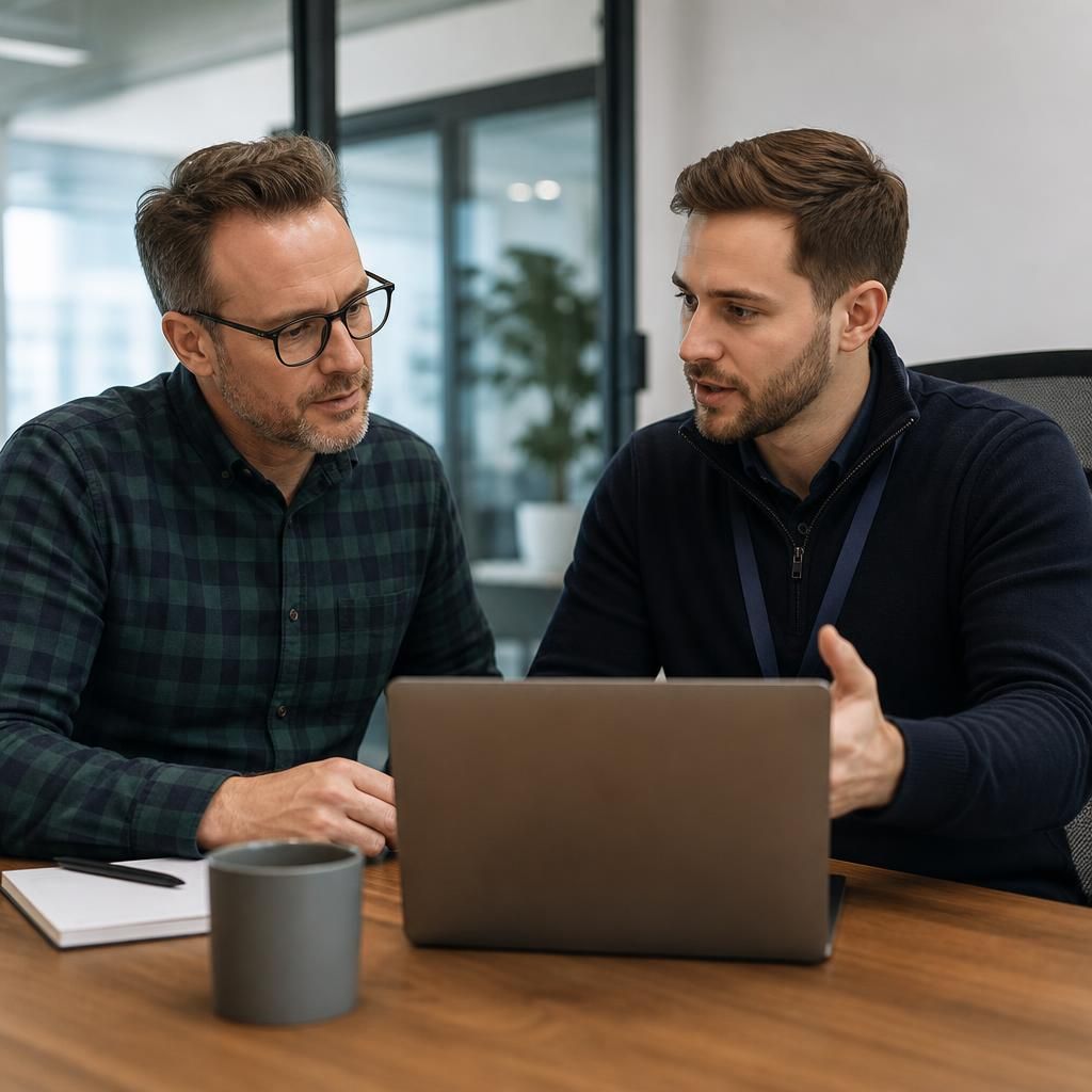 IT specialist discussing a laptop with a business client
