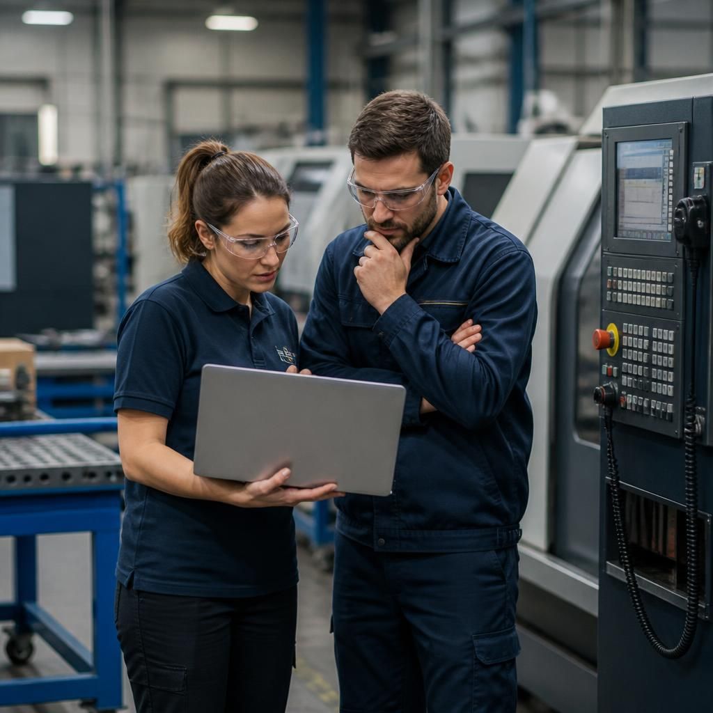 Manufacturing staff reviewing production information beside industrial equipment