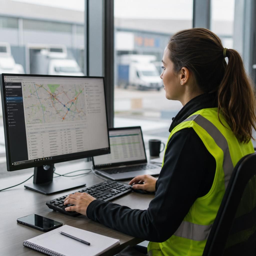 Logistics team member working with computerised transport and delivery information