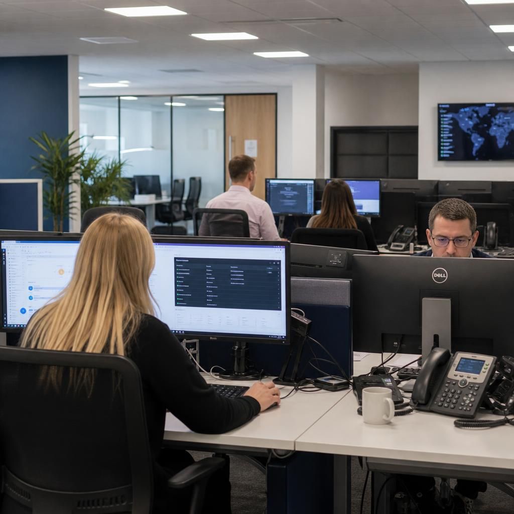 Team members collaborating across desks in a multi-site business office