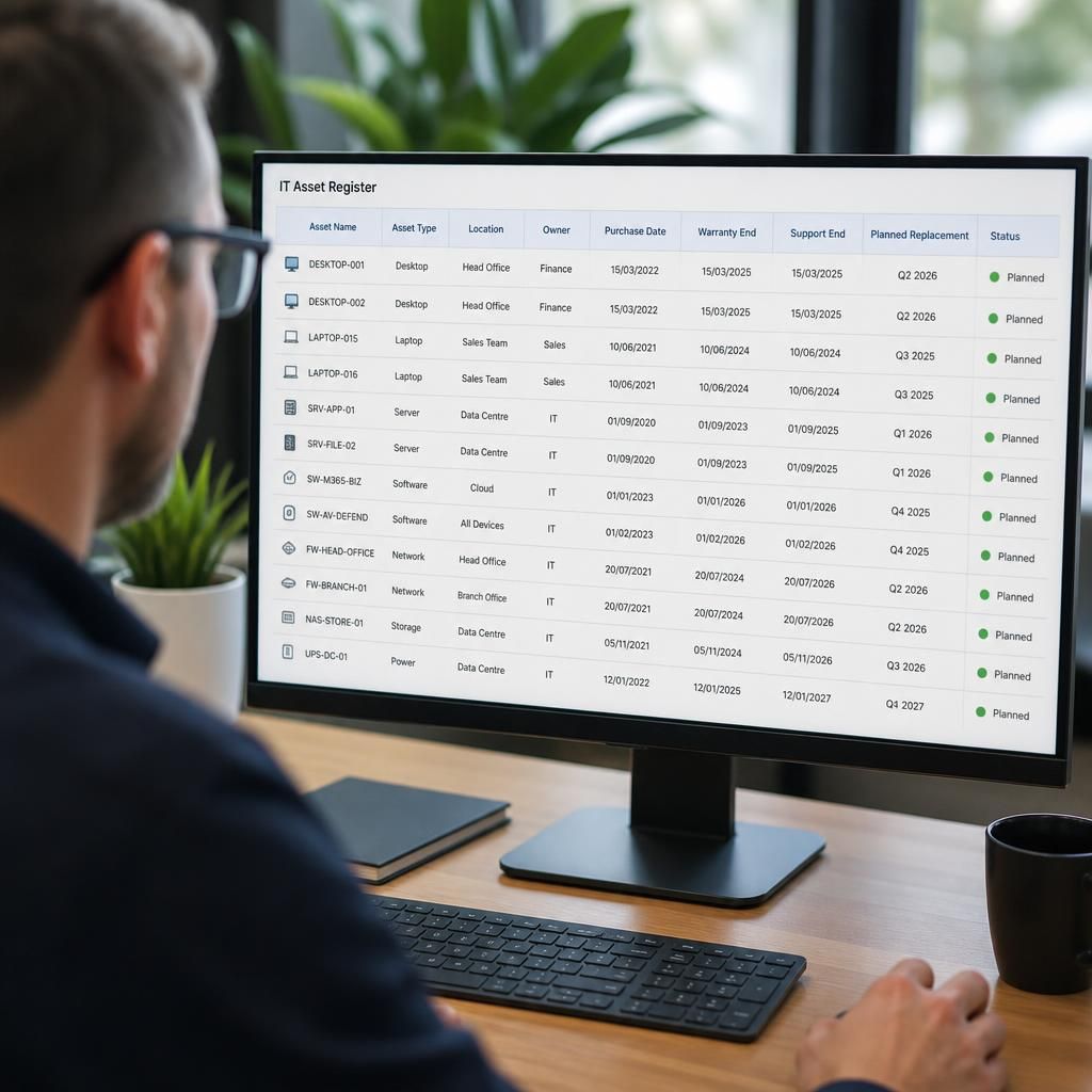 Computer screen showing an IT asset register with hardware replacement dates