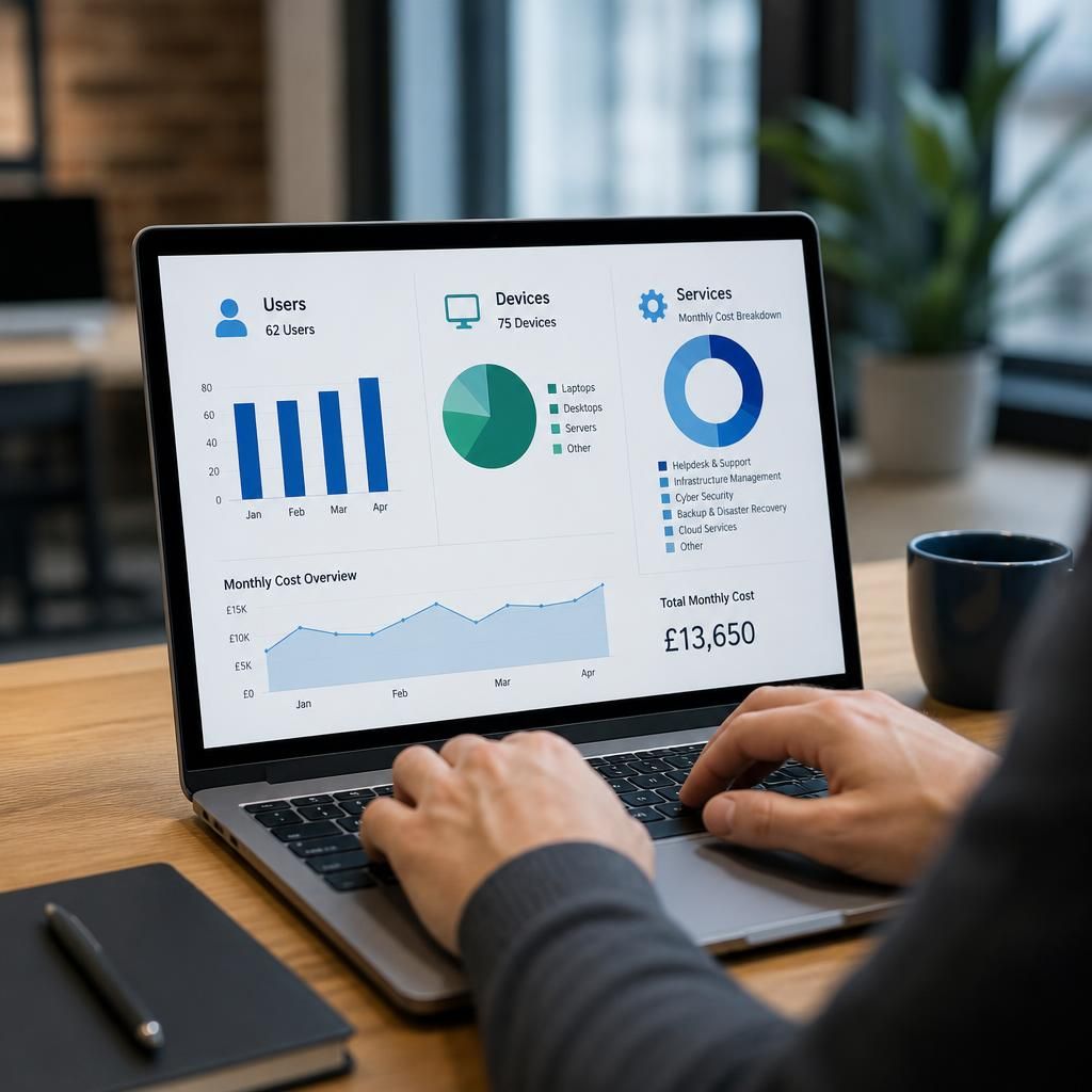 Laptop screen showing a managed IT service cost breakdown by users, devices and service categories