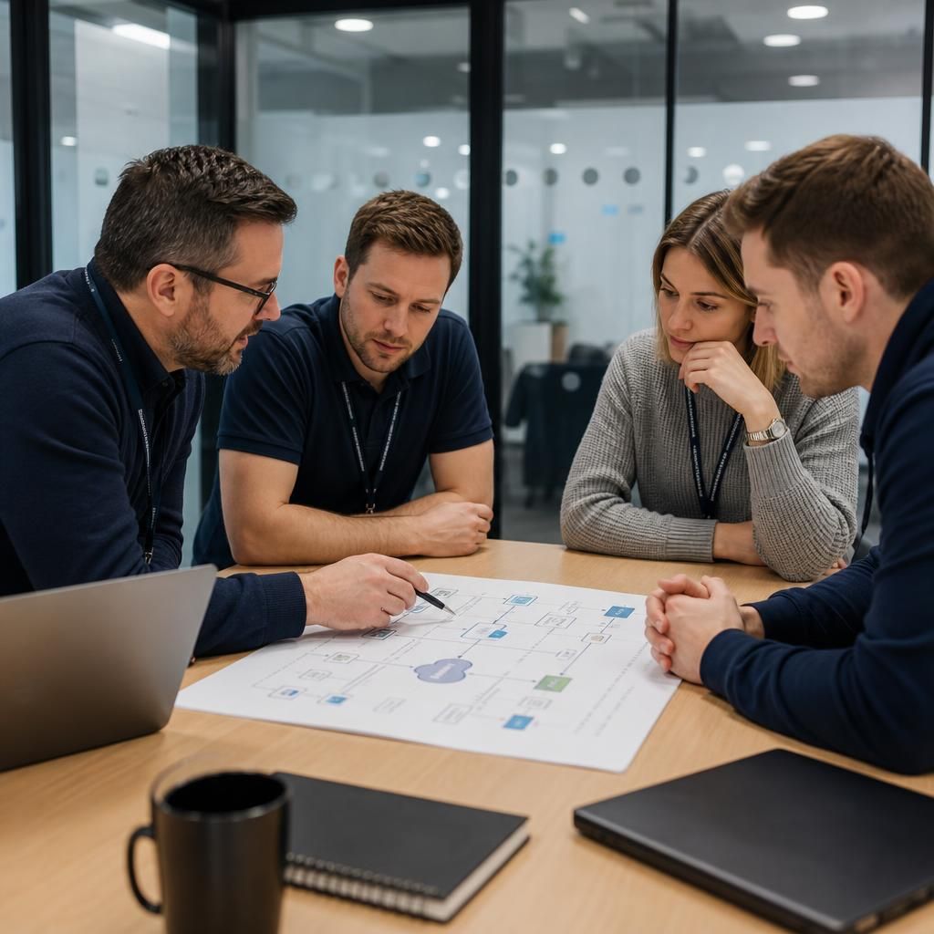 Internal and managed IT teams reviewing a shared network diagram and service plan