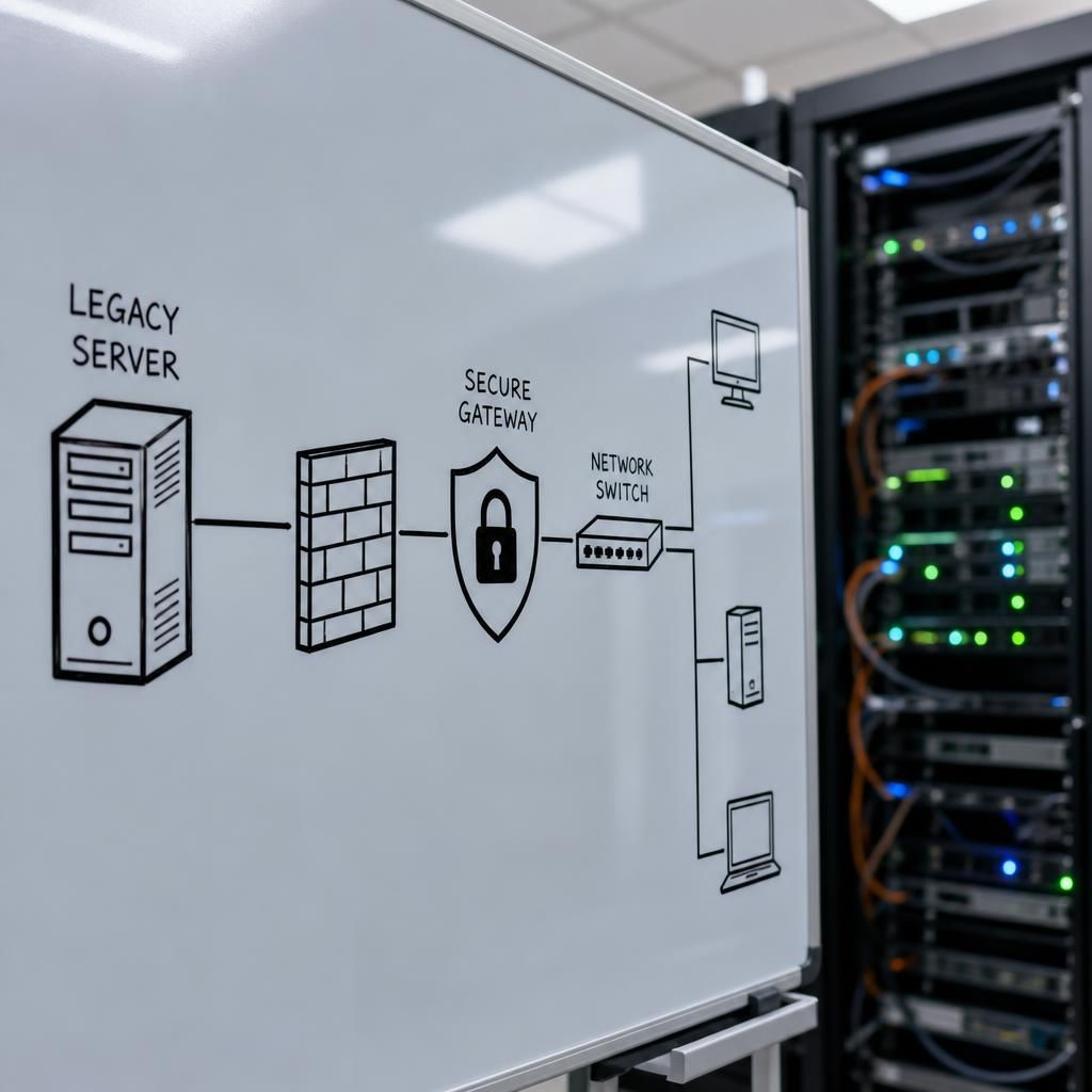 Network diagram showing a legacy server connected through a secure gateway