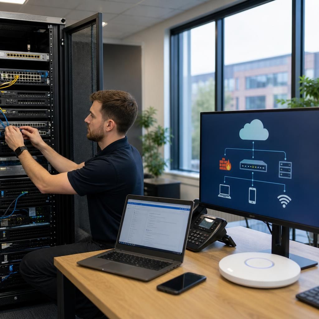 Cloud services connected to office servers, switches, firewall and user devices
