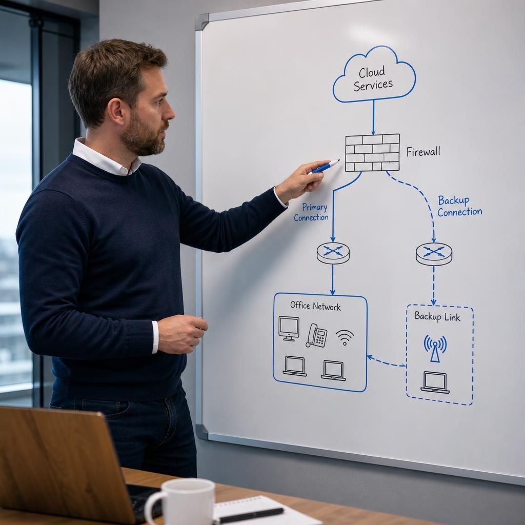 Network diagram showing primary and backup connections between an office, firewall and cloud services