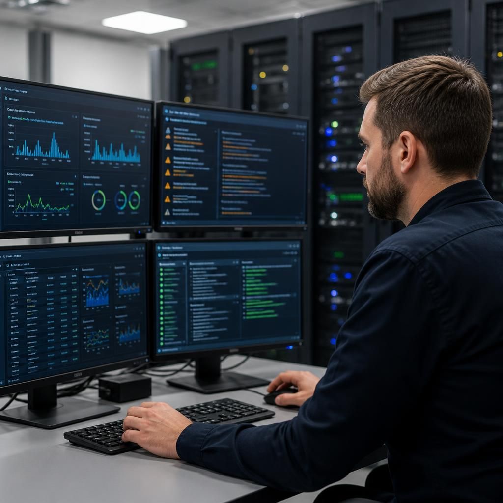 Technician reviewing server performance and security logs on a monitoring dashboard