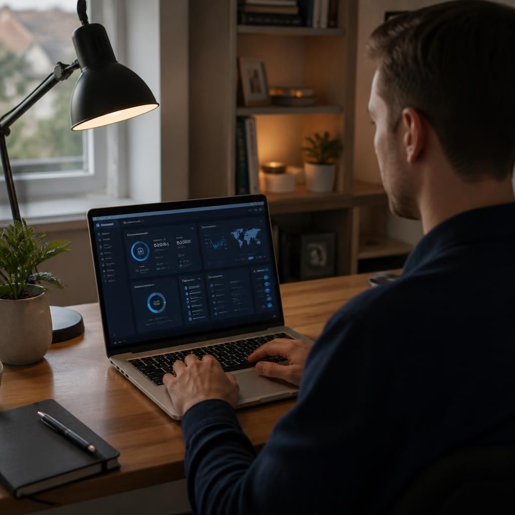 Employee using a laptop at home with a business network access dashboard on screen